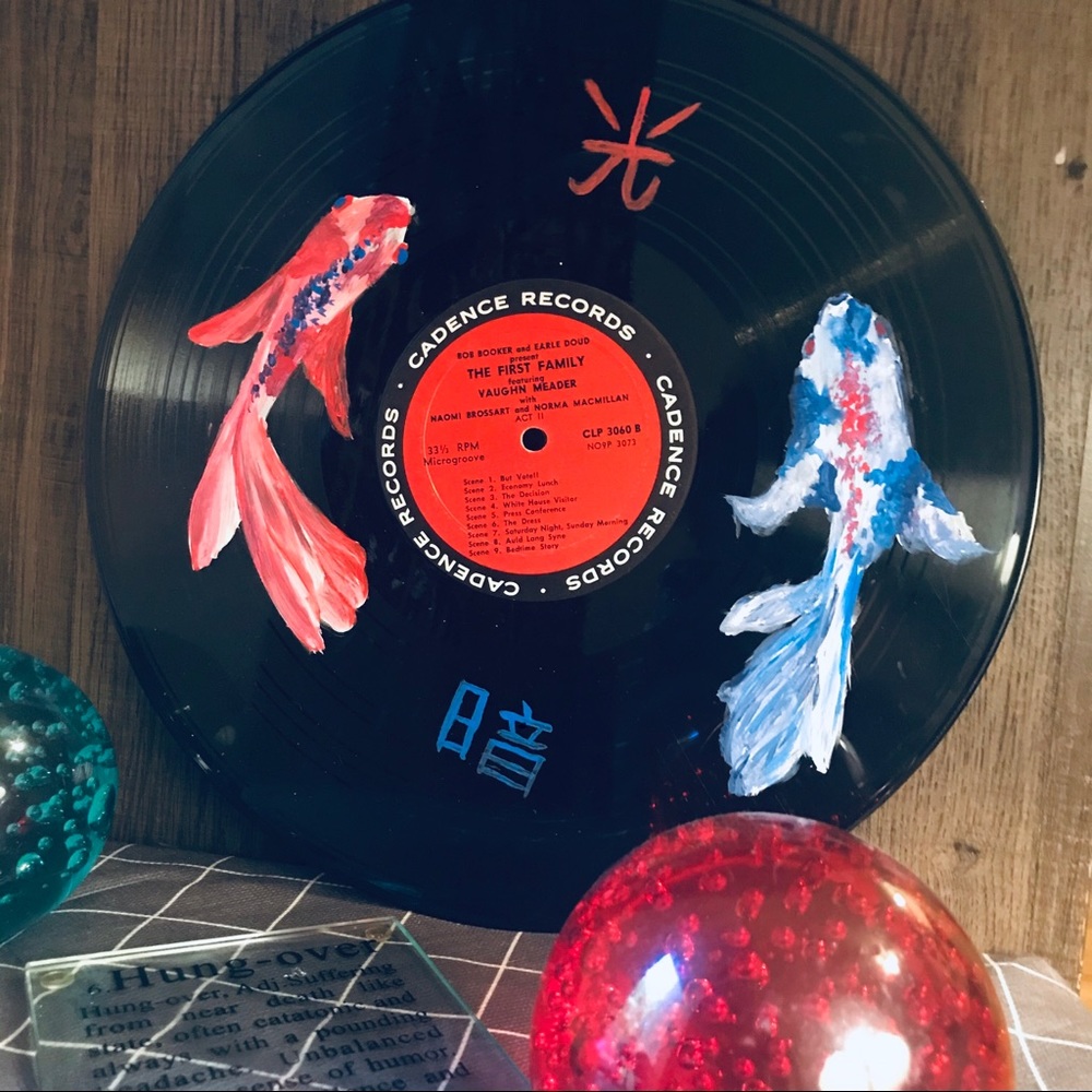 Yin and yang koi fish vinyl record painting